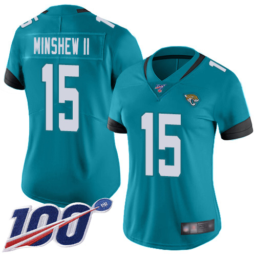 Personalized Jaguars #15 Gardner Minshew II Teal Green Alternate Women’s Stitched Football 100th Season Limited Jersey