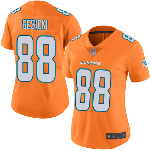 Personalized Dolphins #88 Mike Gesicki Orange Women’s Stitched Football Limited Rush Jersey