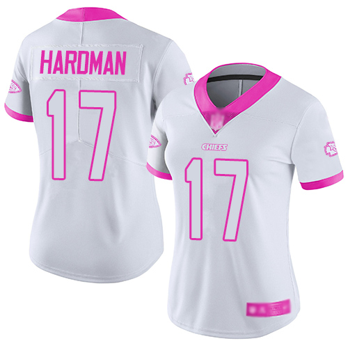 Personalized Chiefs #17 Mecole Hardman White Pink Women’s Stitched Football Limited Rush Fashion Jersey