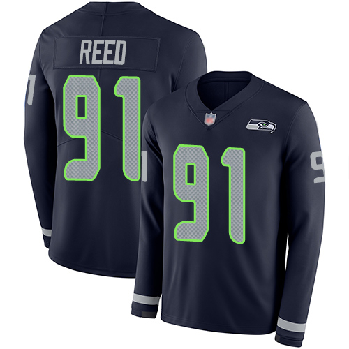 Personalized Seahawks #91 Jarran Reed Steel Blue Team Color Men’s Stitched Football Limited Therma Long Sleeve Jersey