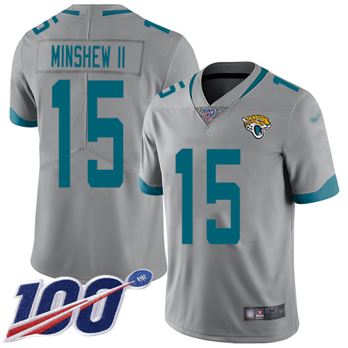 Personalized Jaguars #15 Gardner Minshew II Silver Men’s Stitched Football Limited Inverted Legend 100th Season Jersey