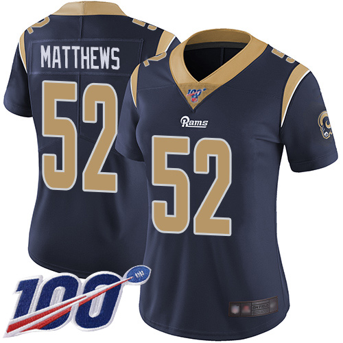 Personalized Rams #52 Clay Matthews Navy Blue Team Color Women’s Stitched Football 100th Season Limited Jersey