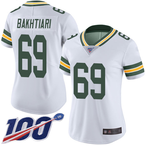 Personalized Packers #69 David Bakhtiari White Women’s Stitched Football 100th Season Limited Jersey
