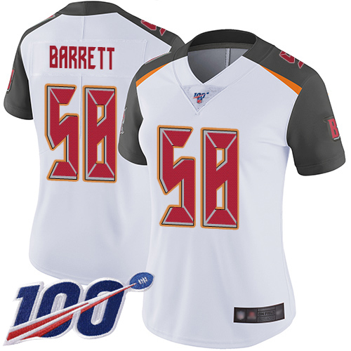 Personalized Buccaneers #58 Shaquil Barrett White Women’s Stitched Football 100th Season Limited Jersey