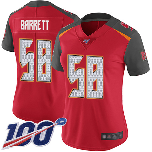 Personalized Buccaneers #58 Shaquil Barrett Red Team Color Women’s Stitched Football 100th Season Limited Jersey