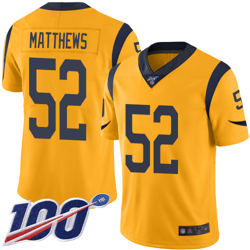 Personalized Rams #52 Clay Matthews Gold Men’s Stitched Football Limited Rush 100th Season Jersey