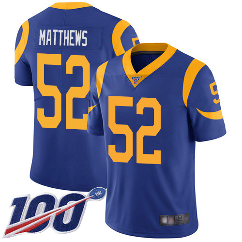 Personalized Rams #52 Clay Matthews Royal Blue Alternate Men’s Stitched Football 100th Season Limited Jersey