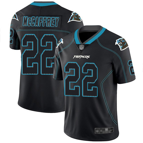 Personalized Panthers #22 Christian McCaffrey Lights Out Black Men’s Stitched Football Limited Rush Jersey