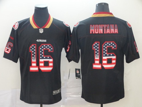 Personalized 49ers #16 Joe Montana Black Men’s Stitched Football Limited Rush USA Flag Jersey