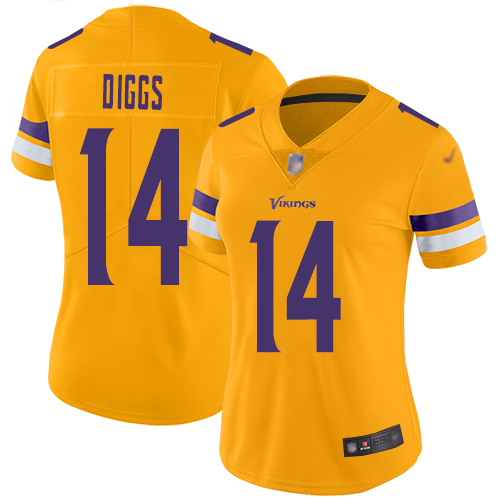Personalized Vikings #14 Stefon Diggs Gold Women’s Stitched Football Limited Inverted Legend Jersey