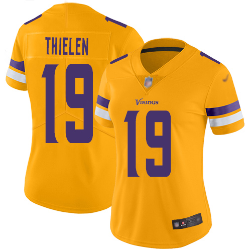 Personalized Vikings #19 Adam Thielen Gold Women’s Stitched Football Limited Inverted Legend Jersey