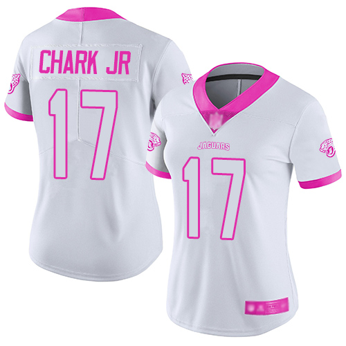 Personalized Jaguars #17 DJ Chark Jr White Pink Women’s Stitched Football Limited Rush Fashion Jersey