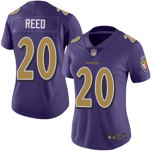 Personalized Ravens #20 Ed Reed Purple Women’s Stitched Football Limited Rush Jersey