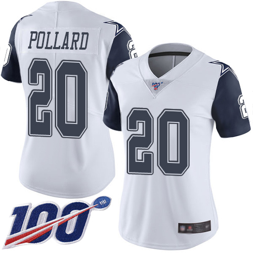 Personalized Cowboys #20 Tony Pollard White Women’s Stitched Football Limited Rush 100th Season Jersey