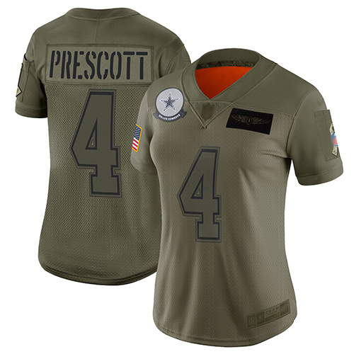 Personalized Cowboys #4 Dak Prescott Camo Women’s Stitched Football Limited 2019 Salute to Service Jersey