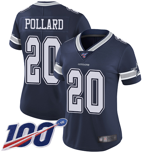 Personalized Cowboys #20 Tony Pollard Navy Blue Team Color Women’s Stitched Football 100th Season Limited Jersey