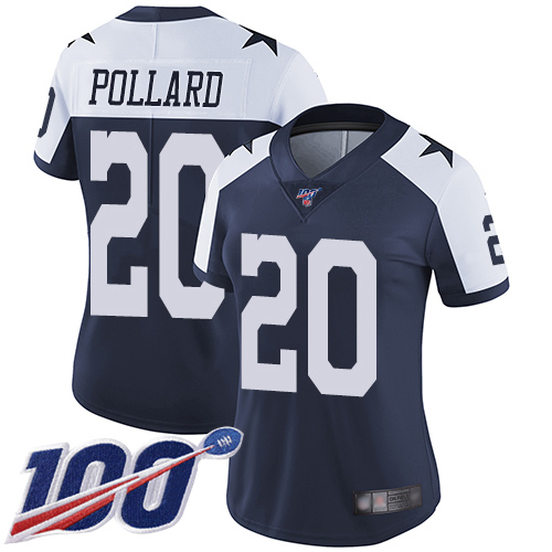 Personalized Cowboys #20 Tony Pollard Navy Blue Thanksgiving Women’s Stitched Football 100th Season Throwback Limited Jersey