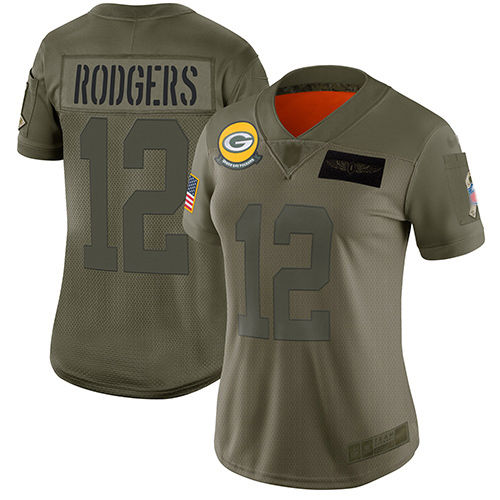 Personalized Packers #12 Aaron Rodgers Camo Women’s Stitched Football Limited 2019 Salute to Service Jersey