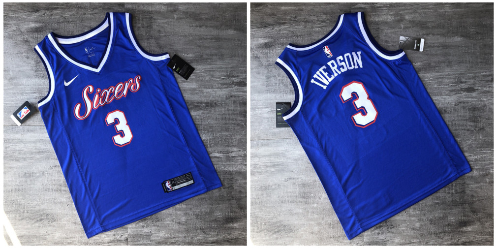 Personalized 76ers 3 Allen Iverson Blue Printed Swingman Jersey
