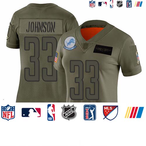 Personalized Lions #33 Kerryon Johnson Camo Women’s Stitched Football Limited 2019 Salute to Service Jersey