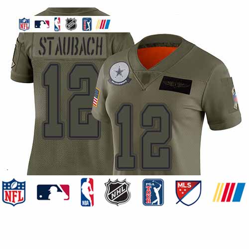 Personalized Cowboys #12 Roger Staubach Camo Women’s Stitched Football Limited 2019 Salute to Service Jersey