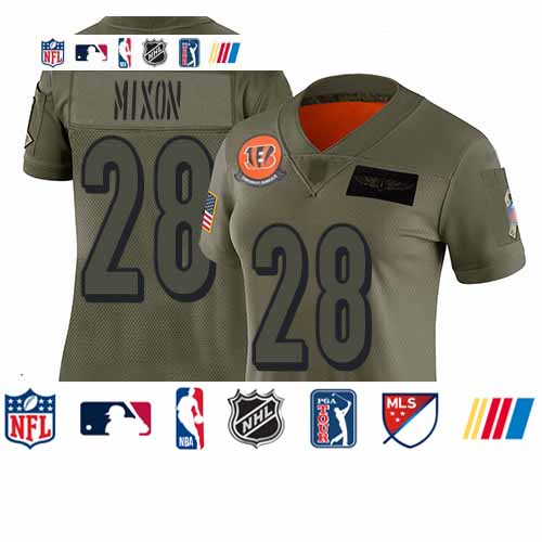 Personalized Bengals #28 Joe Mixon Camo Women’s Stitched Football Limited 2019 Salute to Service Jersey
