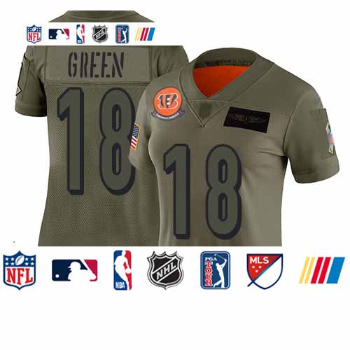 Personalized Bengals #18 A.J. Green Camo Women’s Stitched Football Limited 2019 Salute to Service Jersey