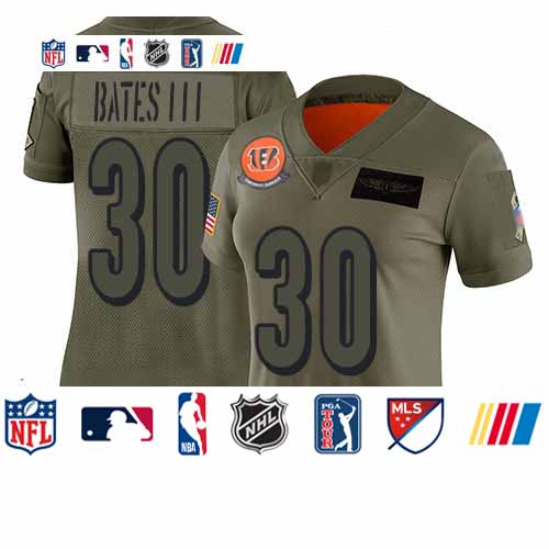 Personalized Bengals #30 Jessie Bates III Camo Women’s Stitched Football Limited 2019 Salute to Service Jersey