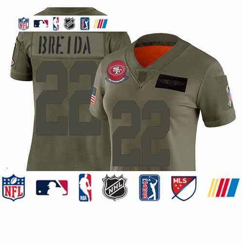 Personalized 49ers #22 Matt Breida Camo Women’s Stitched Football Limited 2019 Salute to Service Jersey
