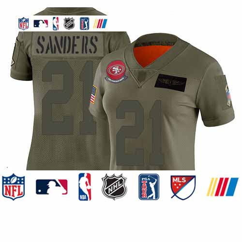 Personalized 49ers #21 Deion Sanders Camo Women’s Stitched Football Limited 2019 Salute to Service Jersey