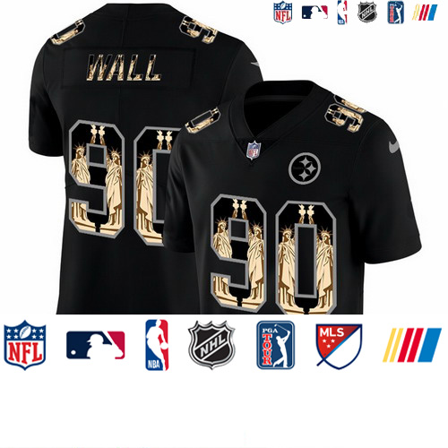 Personalized Steelers 90 T.J. Watt Black Statue Of Liberty Limited Jersey