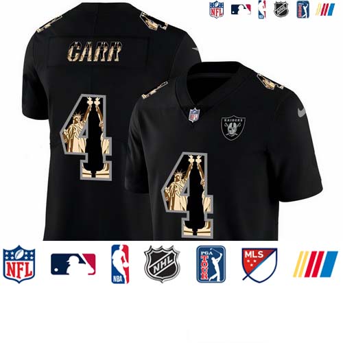 Personalized Raiders 4 Derek Carr Black Statue Of Liberty Limited Jersey