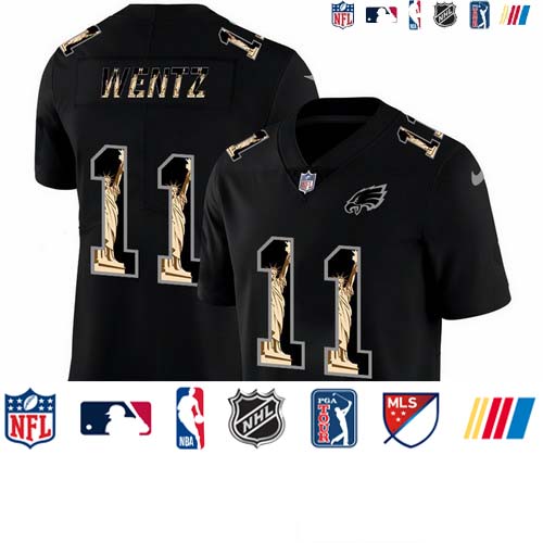 Personalized Eagles 11 Carson Wentz Black Statue Of Liberty Limited Jersey
