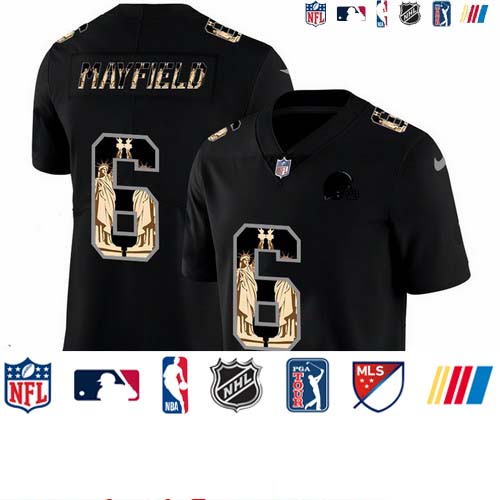 Personalized Browns 6 Baker Mayfield Black Statue Of Liberty Limited Jersey