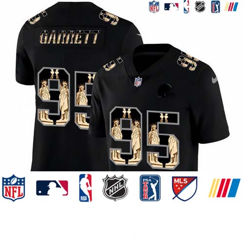 Personalized Browns 95 Myles Garrett Black Statue Of Liberty Limited Jersey