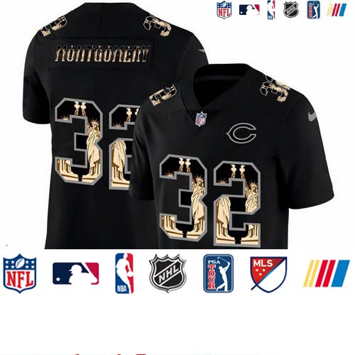 Personalized Bears 32 David Montgomery Black Statue Of Liberty Limited Jersey
