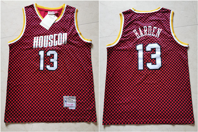 Personalized Rockets 13 James Harden Red Checkerboard Hardwood Classics Jersey