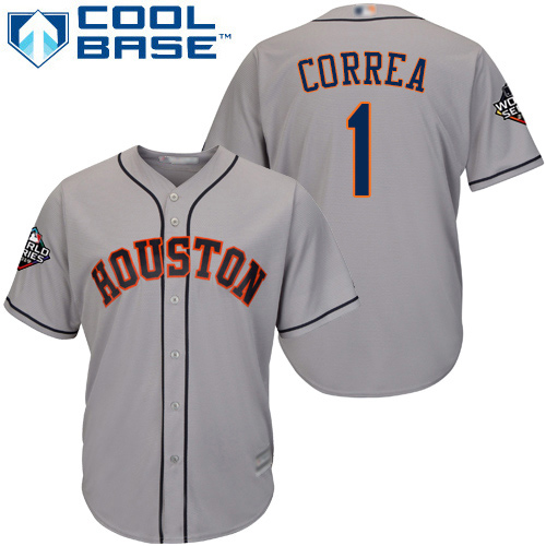 Personalized Astros #1 Carlos Correa Grey Cool Base 2019 World Series Bound Stitched Youth Baseball Jersey