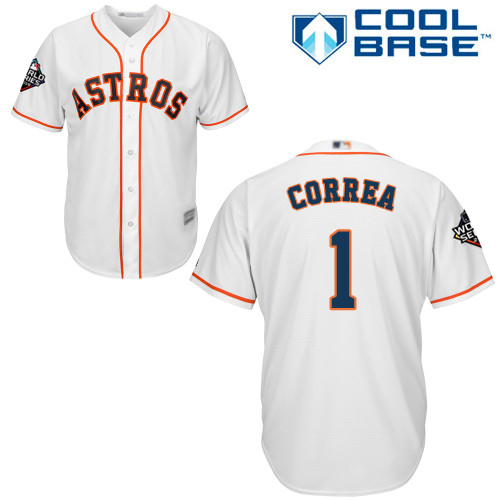 Personalized Astros #1 Carlos Correa White Cool Base 2019 World Series Bound Stitched Youth Baseball Jersey