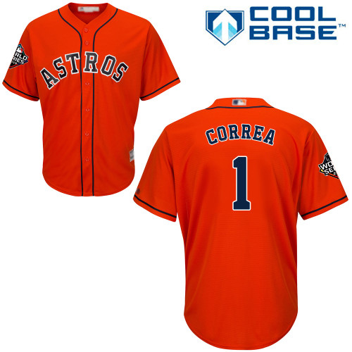 Personalized Astros #1 Carlos Correa Orange Cool Base 2019 World Series Bound Stitched Youth Baseball Jersey