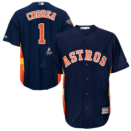 Personalized Astros #1 Carlos Correa Navy Blue Cool Base 2019 World Series Bound Stitched Youth Baseball Jersey