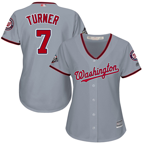Personalized Nationals #7 Trea Turner Grey Road 2019 World Series Bound Women’s Stitched Baseball Jersey