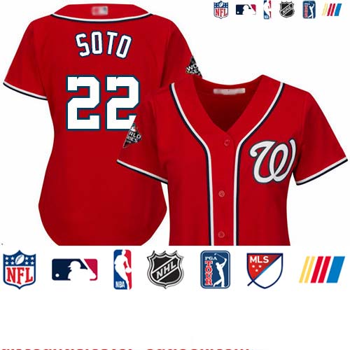 Personalized Nationals #22 Juan Soto Red Alternate 2019 World Series Bound Women’s Stitched Baseball Jersey