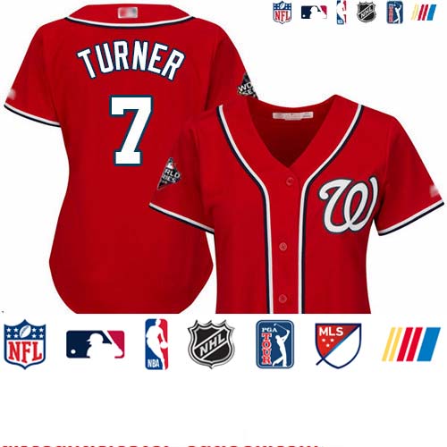 Personalized Nationals #7 Trea Turner Red Alternate 2019 World Series Bound Women’s Stitched Baseball Jersey