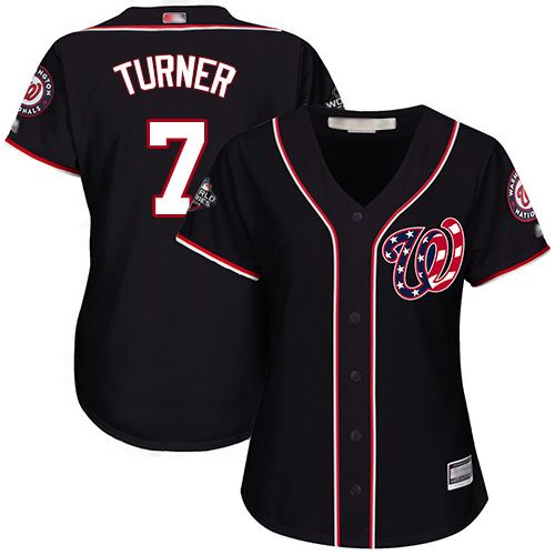 Personalized Nationals #7 Trea Turner Navy Blue Alternate 2019 World Series Bound Women’s Stitched Baseball Jersey