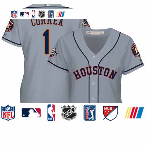 Personalized Astros #1 Carlos Correa Grey Road 2019 World Series Bound Women’s Stitched Baseball Jersey