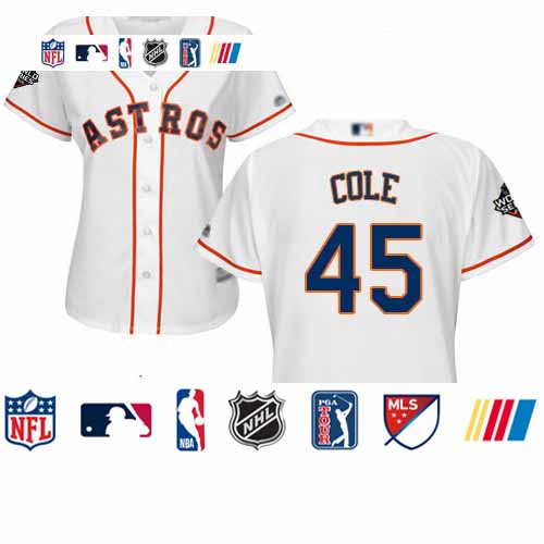 Personalized Astros #45 Gerrit Cole White Home 2019 World Series Bound Women’s Stitched Baseball Jersey