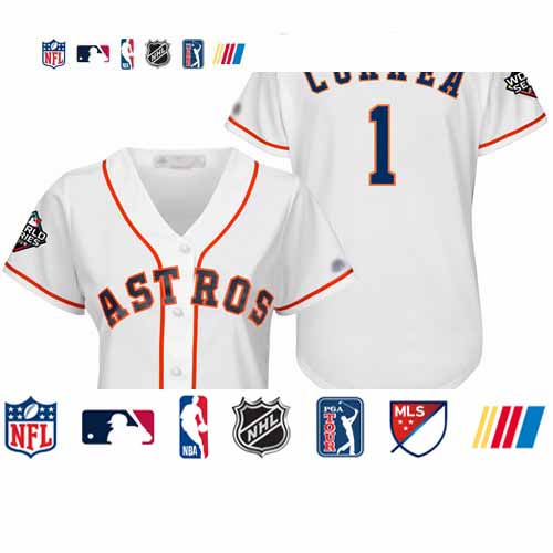 Personalized Astros #1 Carlos Correa White Home 2019 World Series Bound Women’s Stitched Baseball Jersey