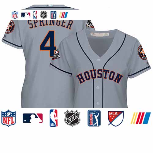 Personalized Astros #4 George Springer Grey Road 2019 World Series Bound Women’s Stitched Baseball Jersey