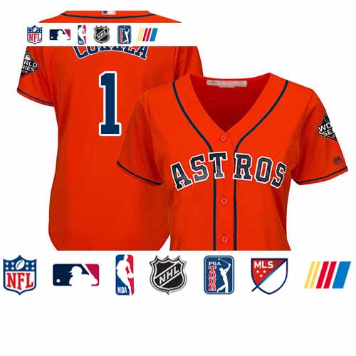 Personalized Astros #1 Carlos Correa Orange Alternate 2019 World Series Bound Women’s Stitched Baseball Jersey